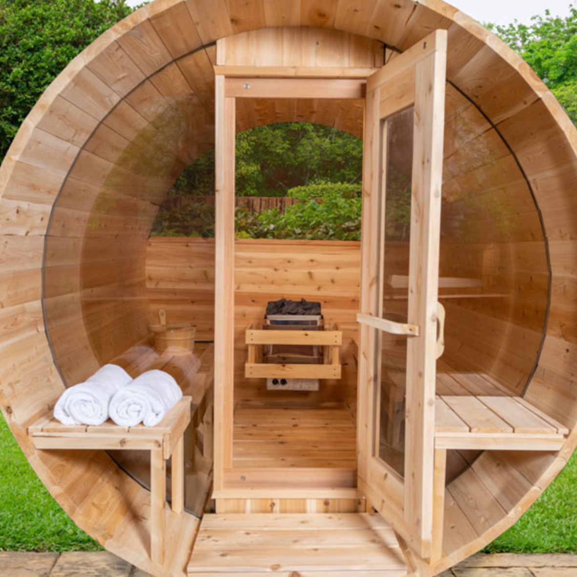 Serenity Barrel Sauna with Maximum Glass Panes: A Vision of Beauty and Tranquility